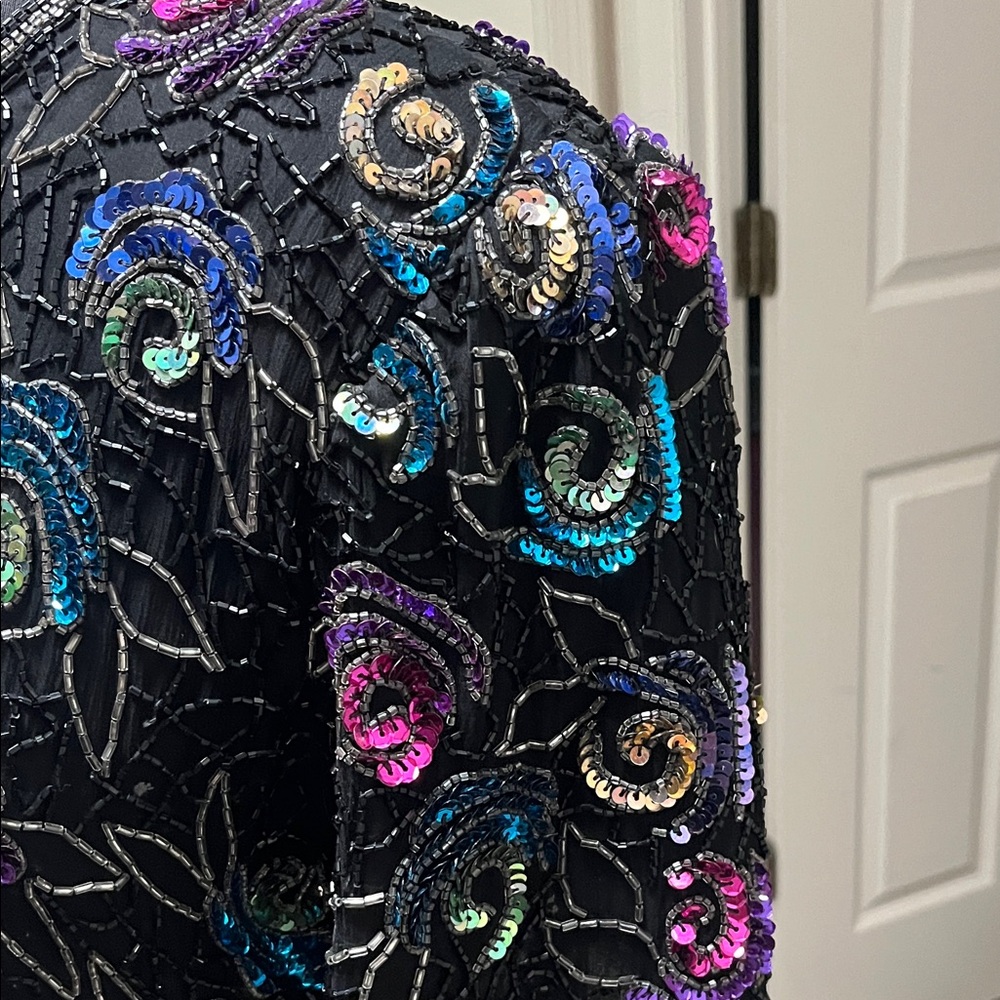 Vintage 80’s Laurence Kazar Multicolor Black 100% Silk Sequin Top Extra Large - Picture 7 of 7
